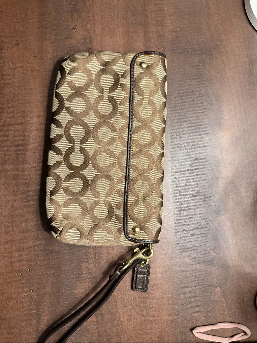 Coach Tan and Brown Signature Wristlet Clutch